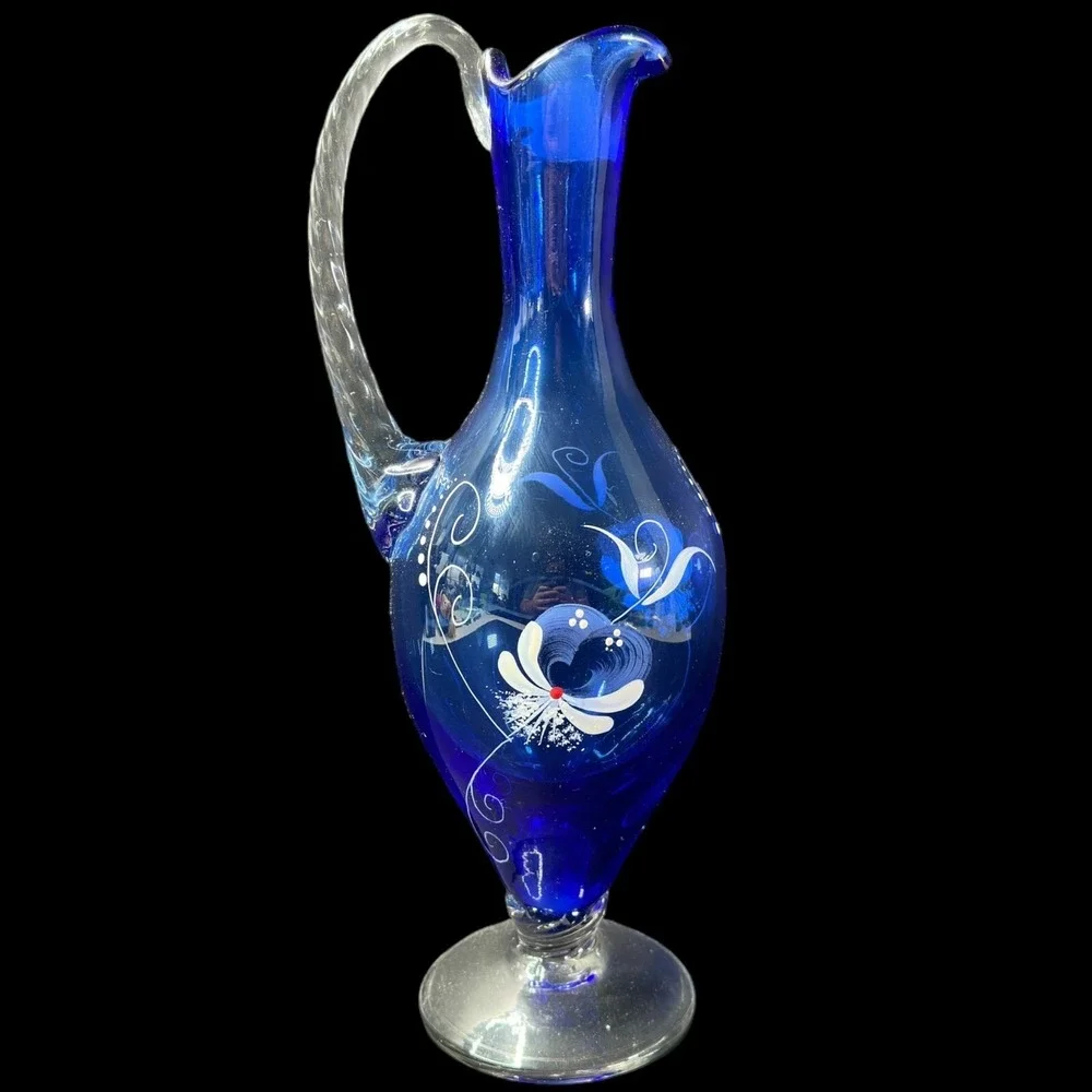 Cobalt Blue Glass Pitcher Bohemian Hand Painted‎ Floral Design Vintage